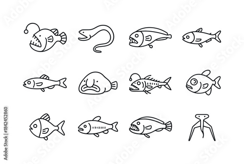 Deep Sea Icons. Aquatic creatures in extreme environments (deep