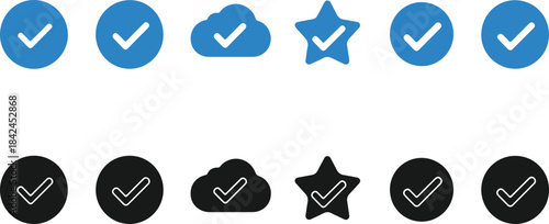 Set of check mark signs in circles clouds stars on transparent background