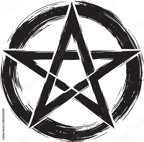 Abstract pentacle icon with brushstroke circle, minimalist spiri