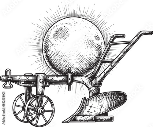 Monochrome Engraving Illustration of Vintage Agricultural Plow w