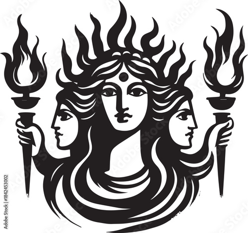 Three-faced deity holding torches, a minimalist black and white