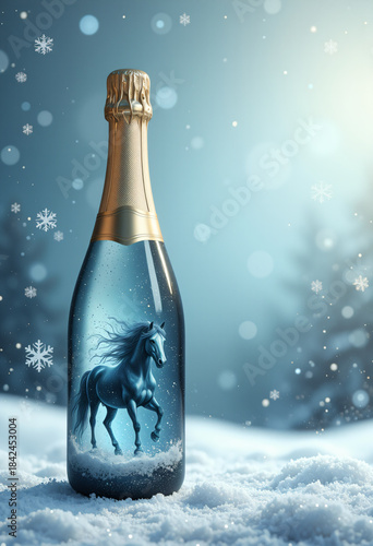 Magical champagne bottle glowing with bright winter fantasy