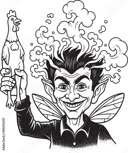 Intricate woodcut depicting mischievous imp holding a startled c