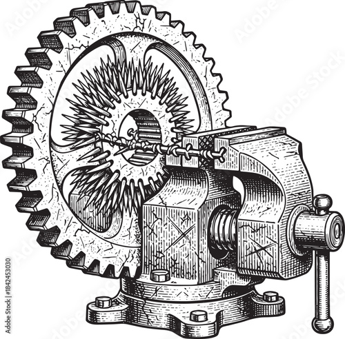 Vintage Engraving of Vice Gripping a Jagged Gear, Mechanical Ill
