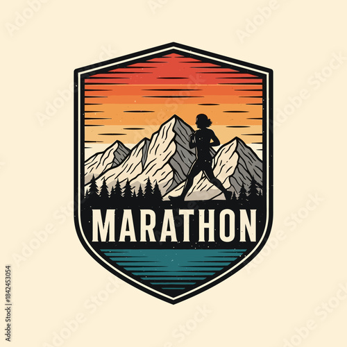 Adventurous mountain marathon emblem illustrating outdoor endurance and