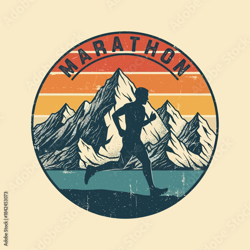 Inspirational marathon running emblem with mountain backdrop and vintage