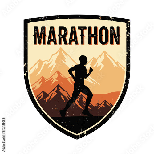 Dynamic marathon runner emblem featuring mountain scenery and bold text