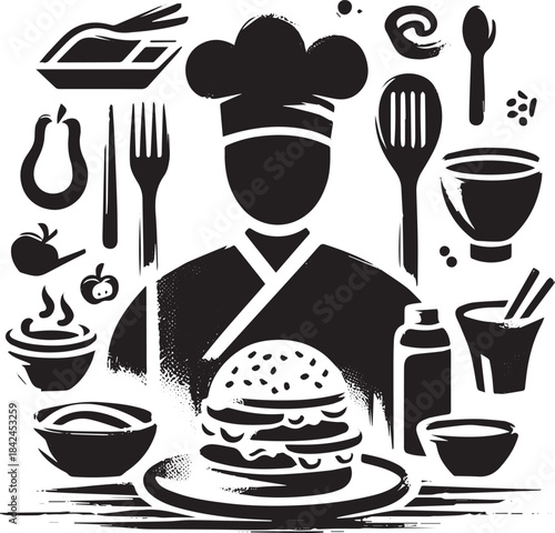 Chef with culinary tools in minimalist sumi-e style delivering a