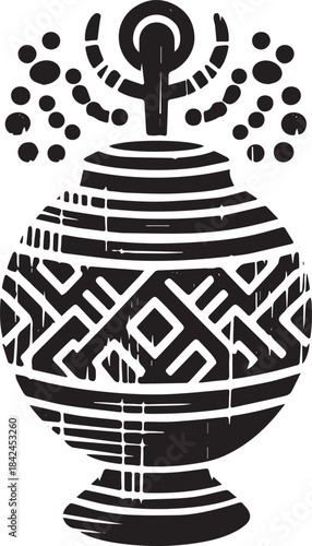 Abstract monochrome tribal pot featuring geometric and ritualist