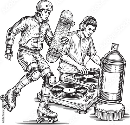 Retro Urban Culture Engraving: Skateboarder, Roller Skater, DJ,