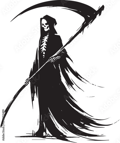 Monochrome depiction of a skeletal reaper figure wielding a scyt