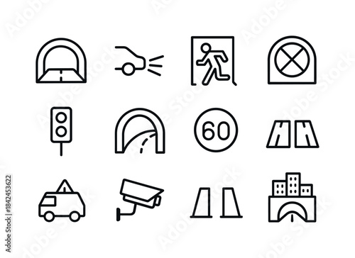 Urban Tunnel Icons. Urban Tunnel System. Line icon set of Urban