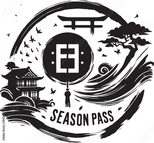 Elegant sumi-e style season pass icon with traditional Japanese