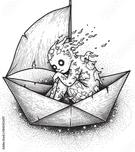 Bleak voyage: An etching-style illustration of fragility and iso