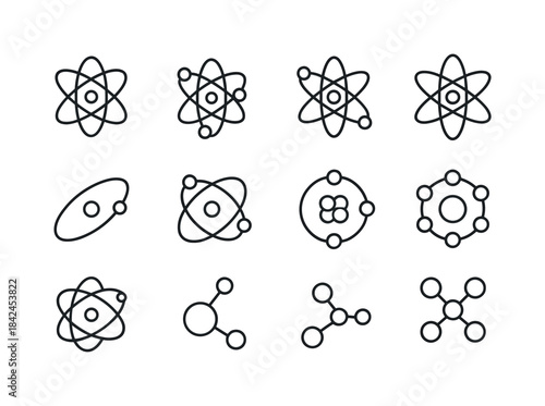 Atomic Icons Grid. Nucleus. Line icon set of Nucleus: atomic rin