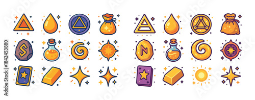 Colorful alchemy symbols and magic potions collection
