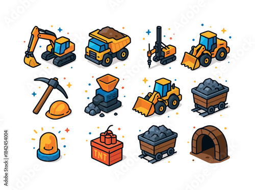 Colorful Mining Tools Icons. Mining Equipment. Colorful isometri