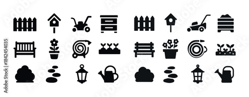 Black silhouette icons of gardening tools and accessories
