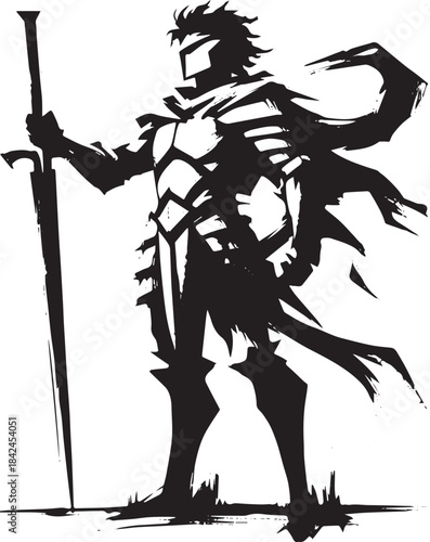 Ink-Wash Illustration of a Medieval Warrior with Sword and Armor