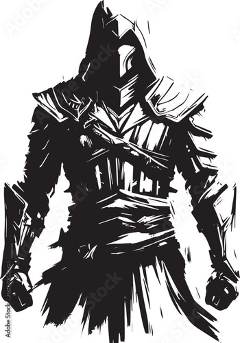 Sumi-e illustration featuring a hooded figure in battle-ready ar