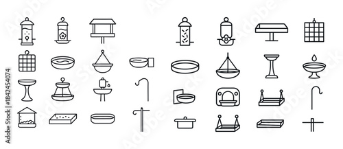Collection of minimalist outdoor bird feeders and birdbaths icon