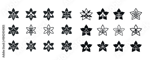 Bee and flower icons: black and white design elements