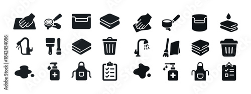 Kitchen cleaning icons: tools, appliances, and hygiene symbols