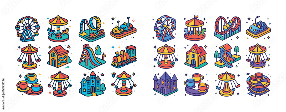 Fototapeta premium Colorful amusement park rides: carousel, ferris wheel, roller co