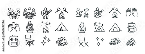 Camping icon set: music, guitar, campfire, tent, backpack, lante