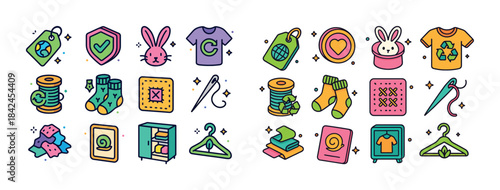 Colorful eco-friendly fashion icons featuring recycling symbols