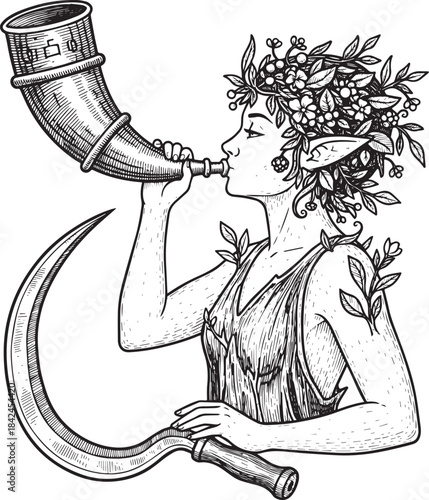 Flora's Horned Call - Engraved Illustration of Nature's Harmonic