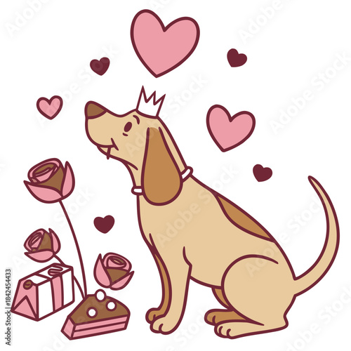 Vector illustration of a Shy Bloodhound with with a tiny crown, styled in a Valentine theme using Valentine Blush colors
