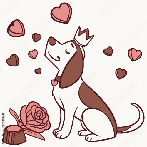 Delightful Relaxed Bloodhound in a Valentine scene with with a tiny crown – Valentine Blush vector illustration