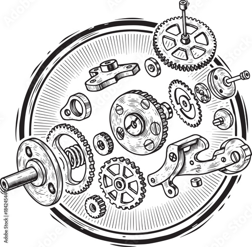 Engraved illustration showcases disassembled mechanical watch co