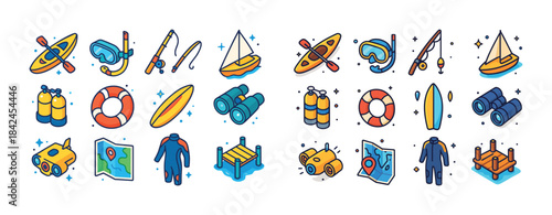 Colorful icons of water sports equipment and activities