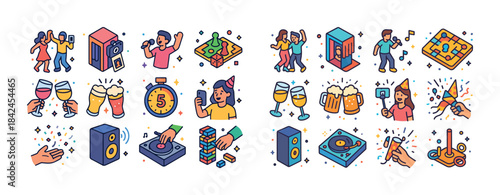 Colorful party icons including dancing, drinks, games, and music