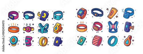 Colorful collection of wearable technology gadgets with fitness