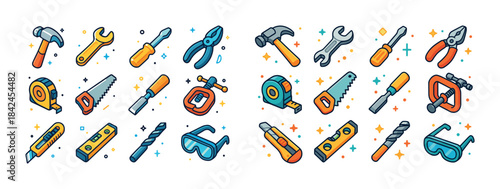 Colorful illustrated hand tools collection with hammer, wrench,