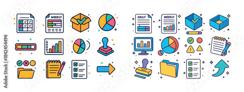 Colorful business icons for data, planning, and organization