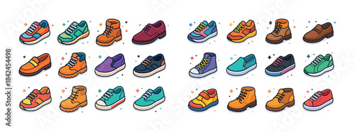 Colorful cartoon shoes collection: sneakers, boots, and loafers