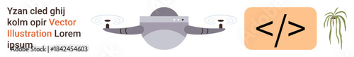Technology, innovation, coding, quadcopters, digital development, sustainability. A Quadcopter, coding symbol and plant . Technology and innovation concepts illustrated with a modern touch