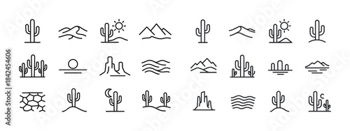 Minimalist desert icons: cactus, mountain, sun, and waves line a