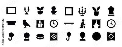 Minimalist home decor elements: icons of clocks, plants, hooks,