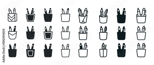 Set of pencil holder icons in various styles and designs