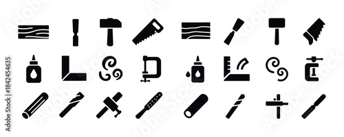 Set of carpentry tool icons for woodworking and craftsmanship