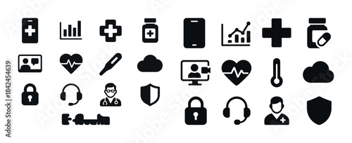 Medical and technology icons set: medicine, communication, secur