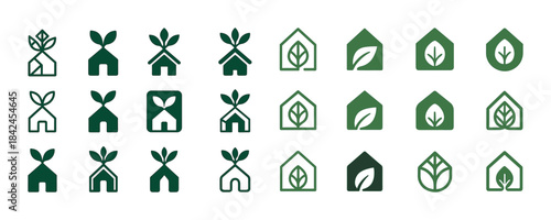 Collection of green eco house icons with plant designs in variou