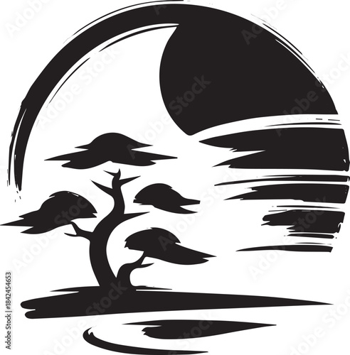 Black and white minimalist image of nature under the sun art ill
