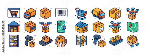 Logistics and delivery icons featuring packages, drones, and bar