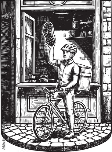 Engraved illustration of a shoe delivery service by bicycle with